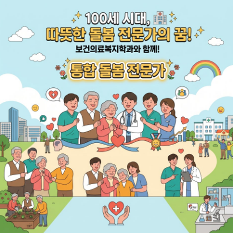 '100세 시대, 따뜻한 돌봄 전문가의 꿈! 보건의료복지학과와 함께! 통합 돌봄 전문가'라는 문구와 함께, 의사, 간호사, 사회복지사 등 다양한 보건의료 인력이 노인들을 따뜻하게 케어하고 있는 모습을 표현한 일러스트 홍보 이미지