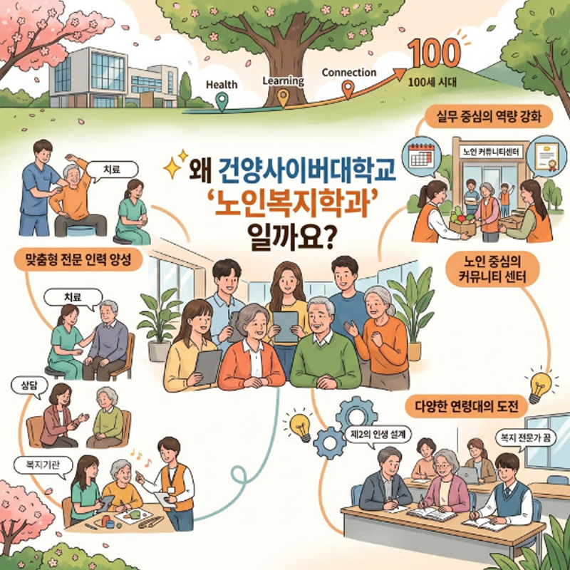 왜 건양사이버대학교 노인복지학과일까요? 라는 문구와 함께, 맞춤형 전문 인력 양성(치료, 상담, 복지기관 활동), 실무 중심의 역량 강화(노인 커뮤니티 센터), 다양한 연령대의 도전(제2의 인생 설계, 복지 전문가 꿈) 등 학과의 주요 특징과 활동 모습을 담은 일러스트 홍보 이미지
