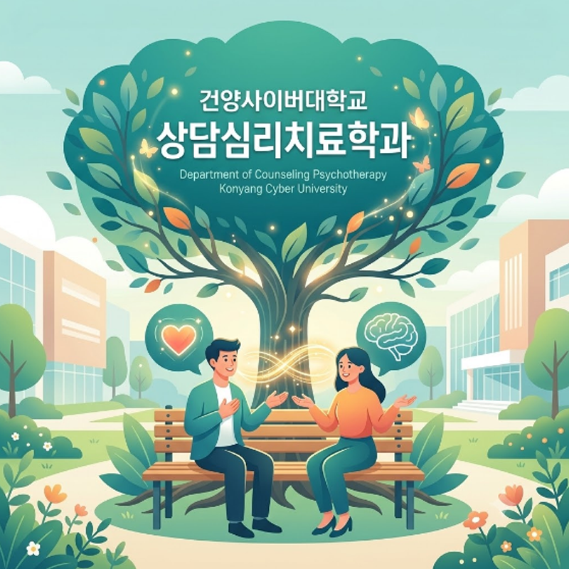 상담과 심리치료를 상징하는 다양한 요소들을 담고 있는 건양사이버대학교 상담심리치료학과의 일러스트레이션
