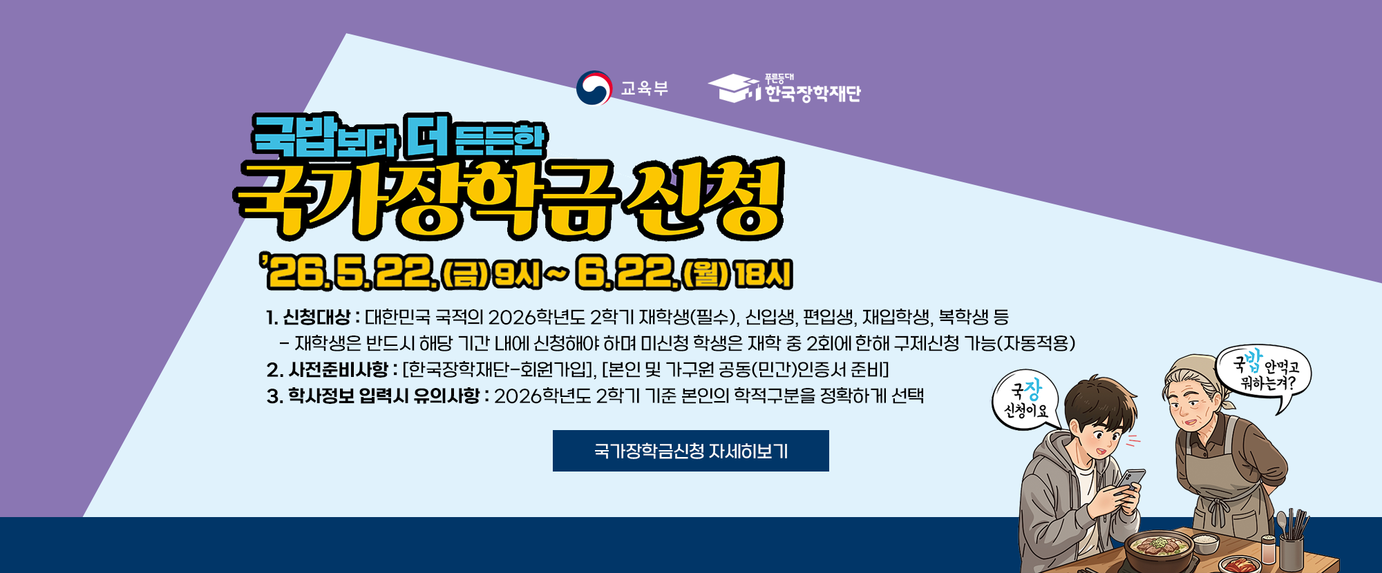 교육부와 한국장학재단이 함께 제공하는 자료입니다. 국밥보다 더 든든한 국가장학금 신청 26. 5. 22.(금) 9시~6. 22.(월) 18시 1. 신청대상 : 대한민국 국적의 2026학년도 2학기 재학생(필수), 신입생, 편입생, 재입학생, 복학생 등 - 재학생은 반드시 해당 기간 내에 신청해야 하며 미신청 학생은 재학 중 2회에 한해 구제신청 가능(자동적용) 2. 사전준비사항 : [한국장학재단-회원가입], [본인 및 가구원 공동(민간)인증서 준비] 3. 학사정보 입력시 유의사항 : 2026학년도 2학기 기준 본인의 학적구분을 정확하게 선택