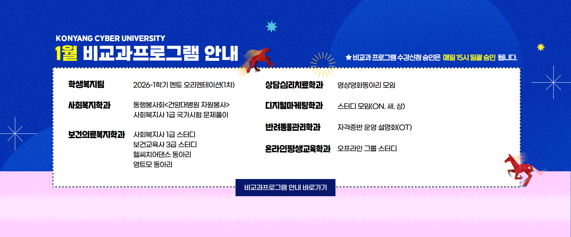 KONYANG CYBER UNIVERSITY 1월 비교과프로그램 안내드립니다. 학생복지팀 주관 2026-1학기 멘토 오리엔테이션(1차)가 진행되며, 1. 사회복지학과: 동행봉사회-건양대병원 자원봉사/ 사회복지사 1급 국가시험 문제풀이 2.보건의료복지학과: 사회복지사 1급 스터디/ 보건교육사 3급 스터디/ 헬씨치어댄스 동아리/ 영트모 동아리 3.상담심리치료학과: 영상영화동아리 모임 4.디지털마케팅학과: 스터디 모임(ON.새.상) 5.반려동물관리학과: 자격증반 운영 설명회(OT) 6.온라인평생교육학과: 오프라인 그룹 스터디가 준비되어 있습니다. ★비교과프로그램 수강신청 승인은 매일 15시 일괄 승인 됩니다.