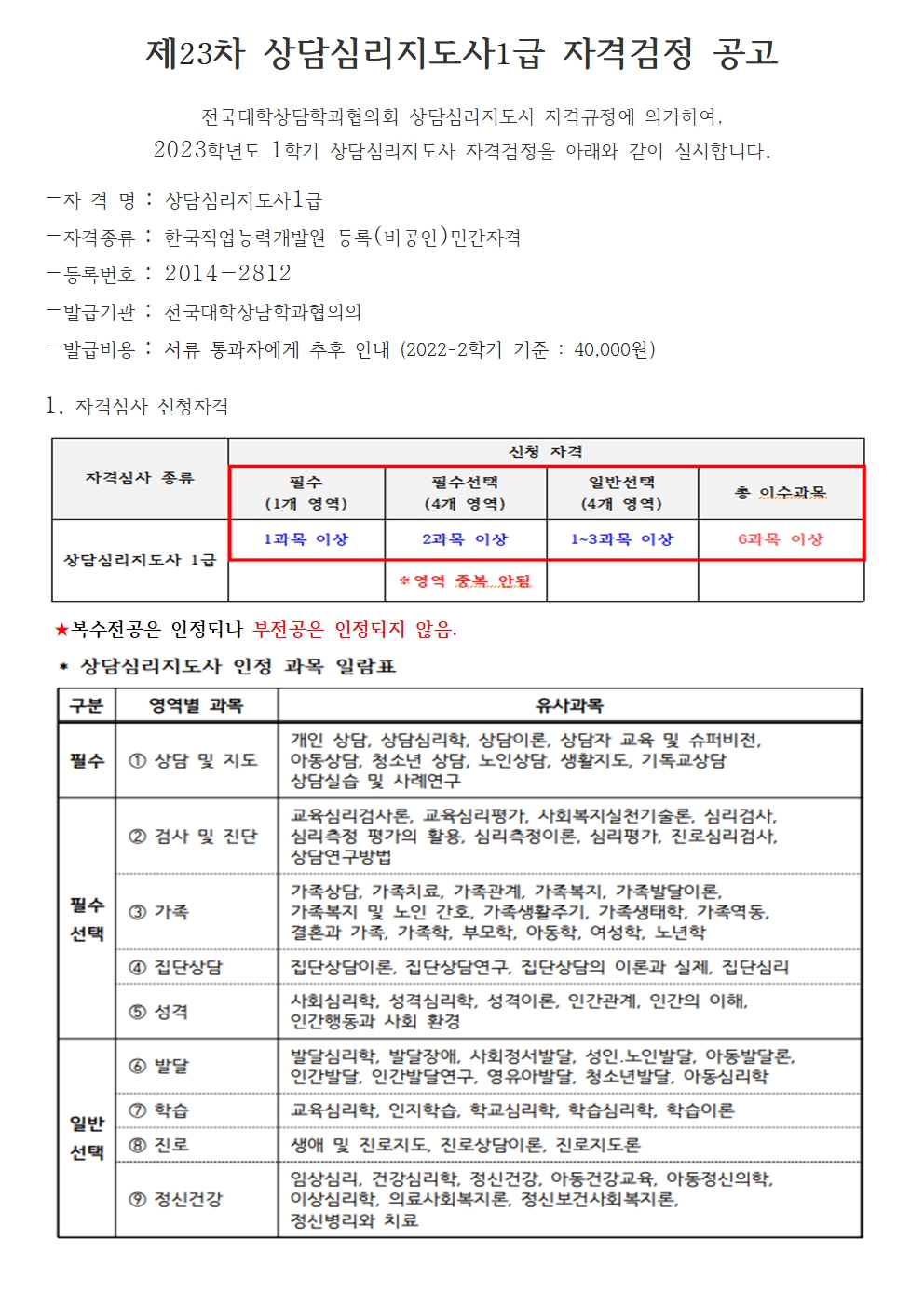 제23차 상담심리지도사1급 자격검정 공고