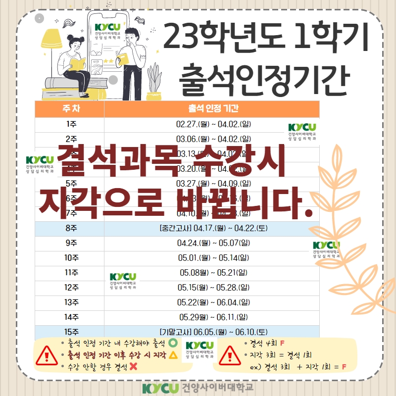 결석 과목도 지각으로 바뀝니다.