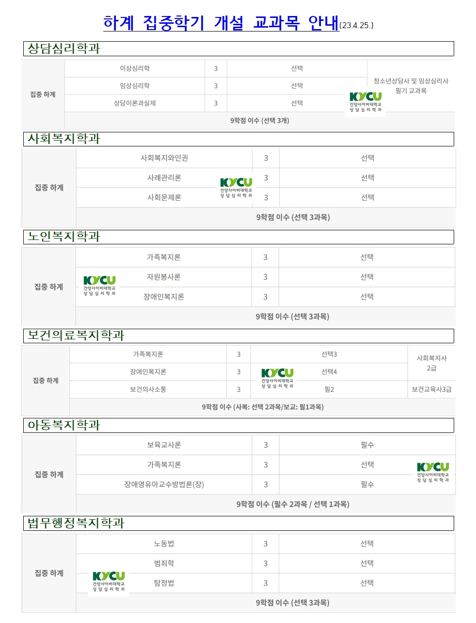 하계 집중학기 개설 교과목 안내001