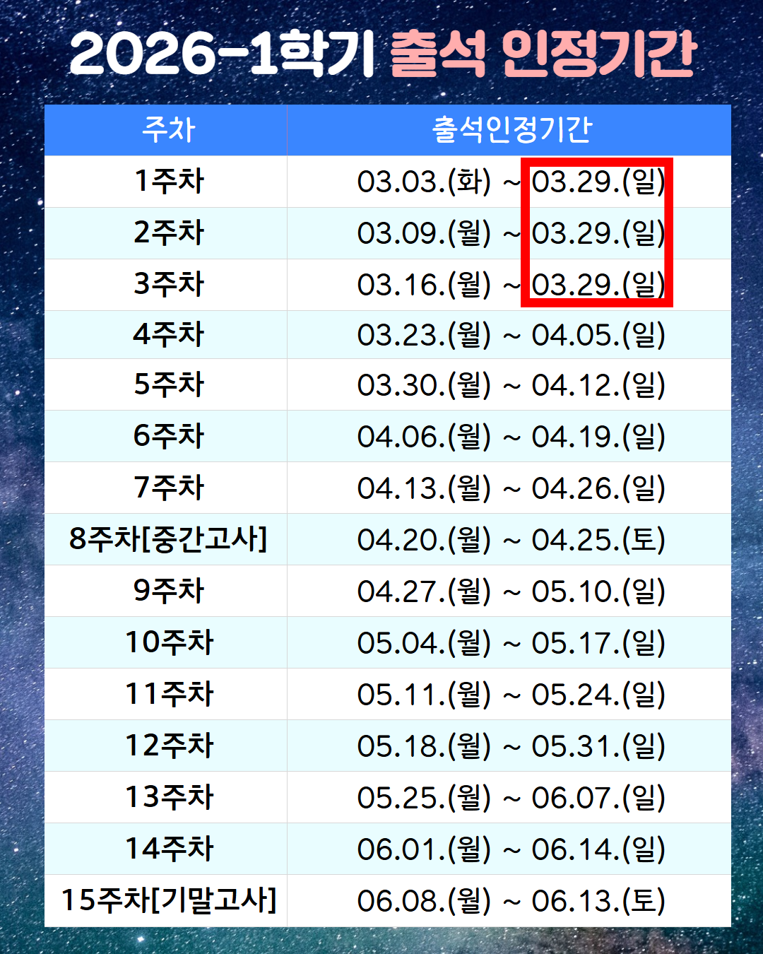 2026학년도 1학기 출석 인정 기간