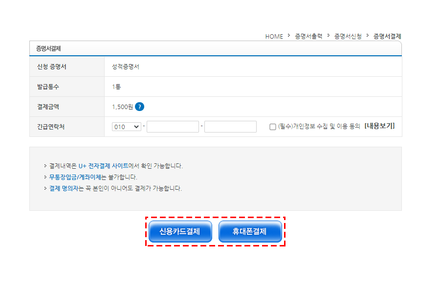 결제진행(증명서 건당 금액 발생)