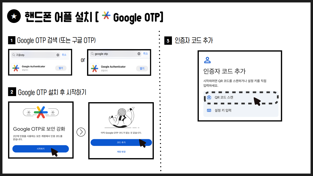 대학원lms 접속을 위해 핸드폰으로 구글otp 어플을 미리 설치해야합니다.
