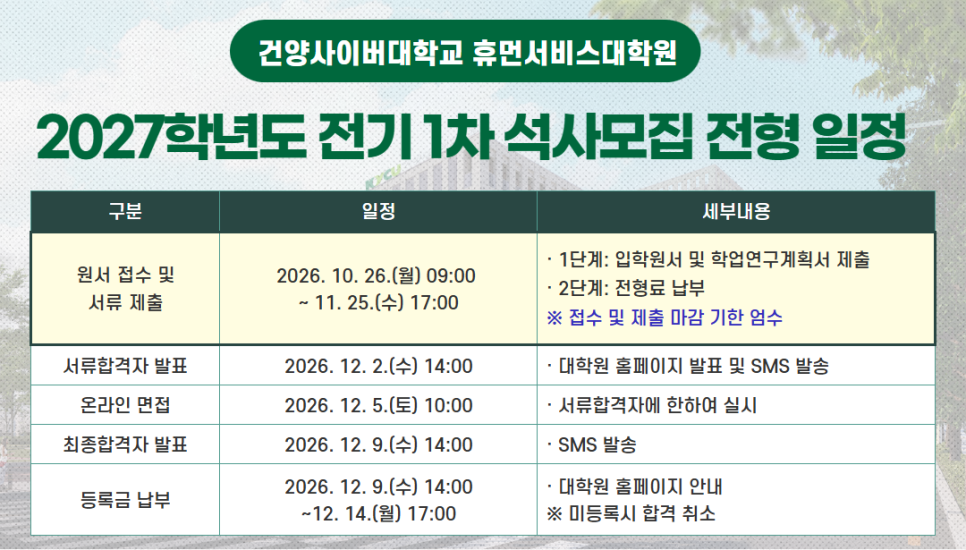 건양사이버대학교대학원 휴먼서비스대학원 2027학년도 전기 모집 안내입니다. 총 모집인원은 60명으로 2026년 10월 26일부터 모집이 시작됩니다.