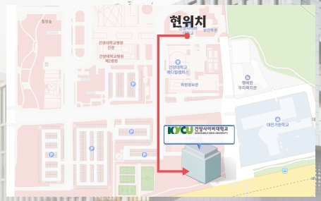 건양사이버대학교 신축교사의 위치는 대전 가원학교 맞은편에 있습니다.